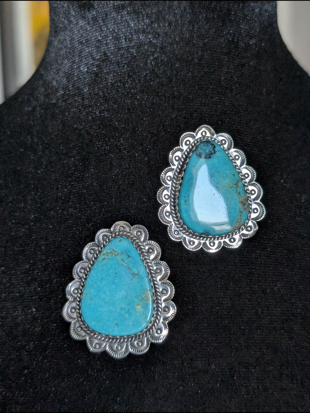 Signed VL Vera Luna Sterling Silver Natural Turquoise Navajo Earrings 1.75" 25g